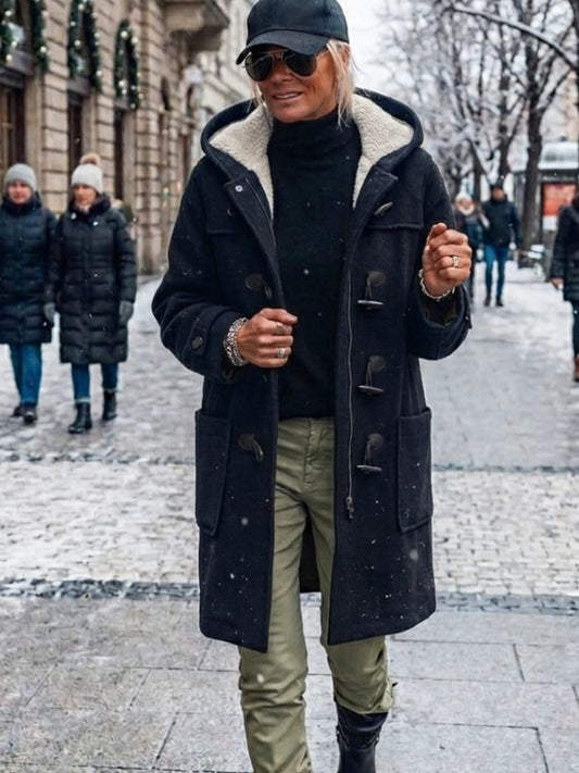 Vegan Wool Duffle Coat with Recycled Vegan Shearling in Black & Cream
