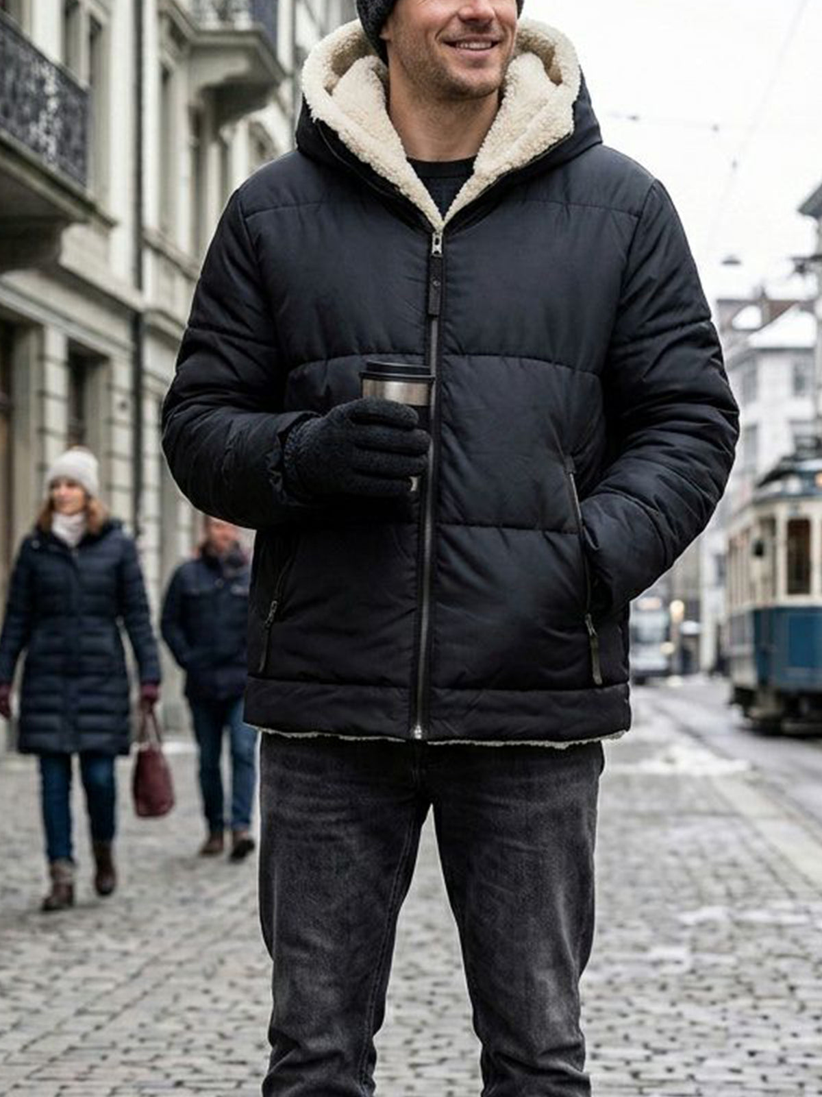 Recycled Vegan Shearling Puffer in Black