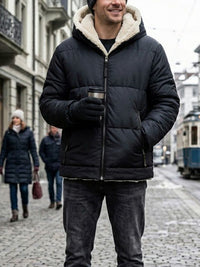 Recycled Vegan Shearling Puffer in Black