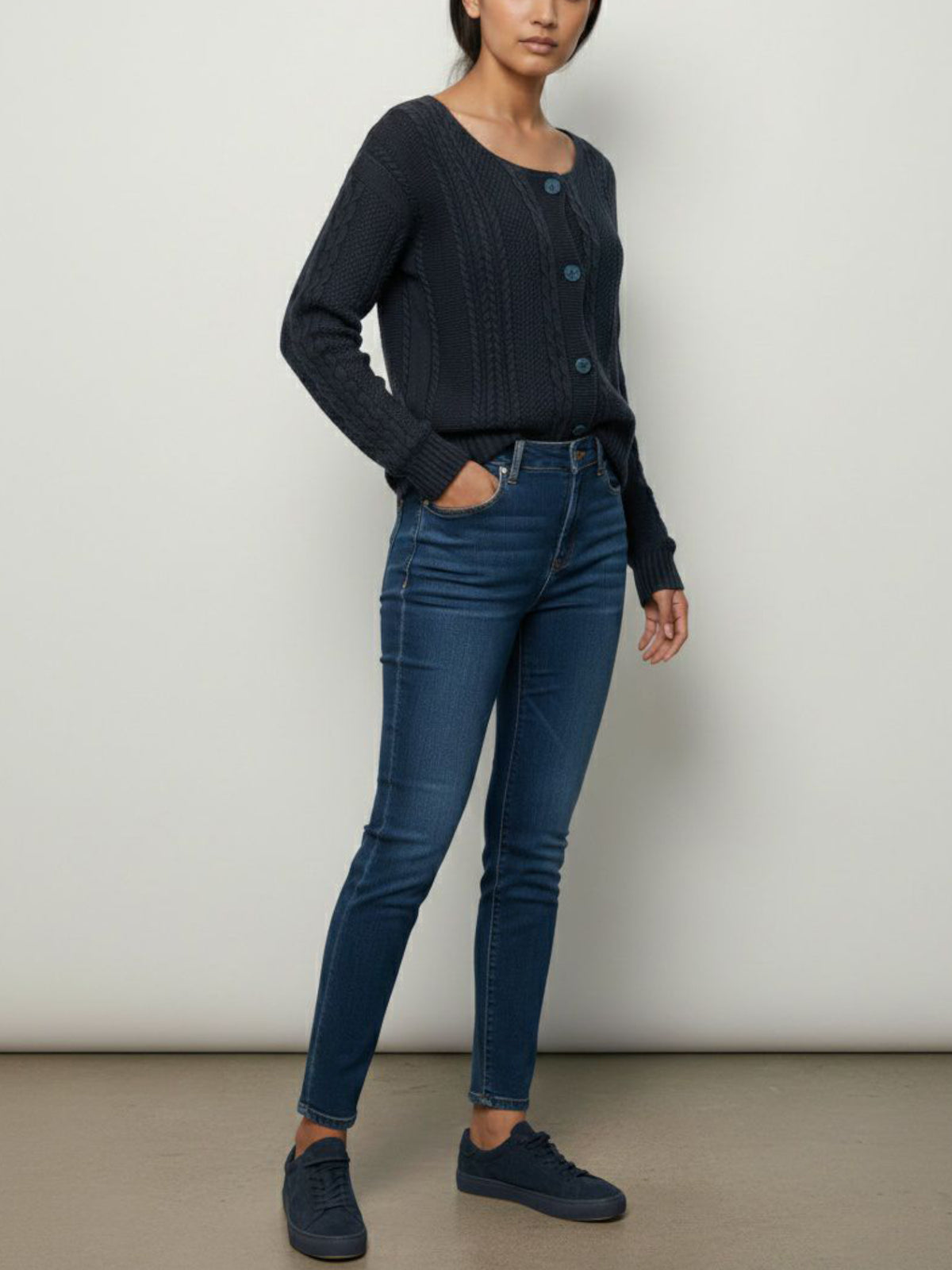 Chunky Button Up Knitted Cardigan in Navy Blue