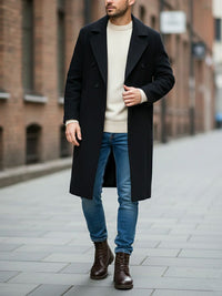 Double Breasted Vegan Wool Coat in Black