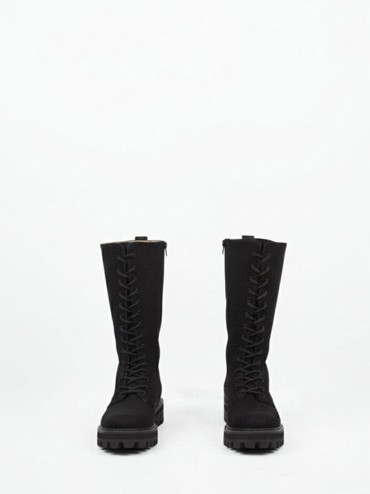 Lace-Up Vegan Suede High Boots in Black