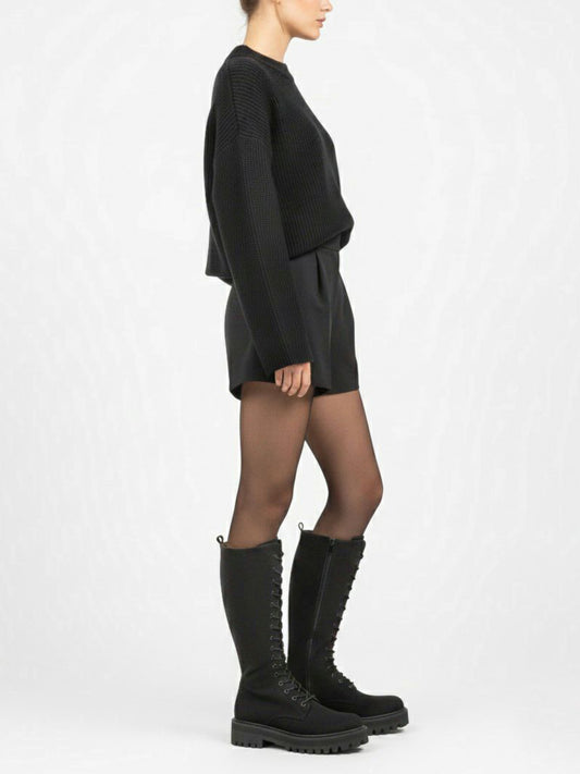 Lace-Up Vegan Suede High Boots in Black