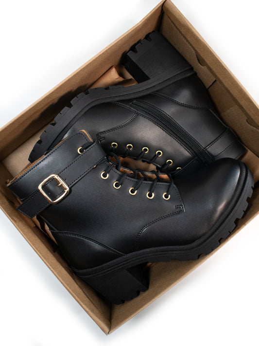 Lace Up Track Sole Booties in Black