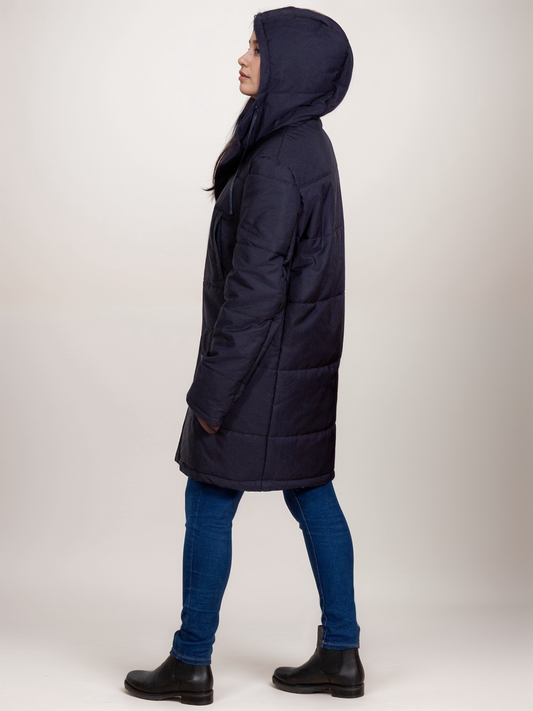 Recycled Quilted Parka in Navy Blue, on model