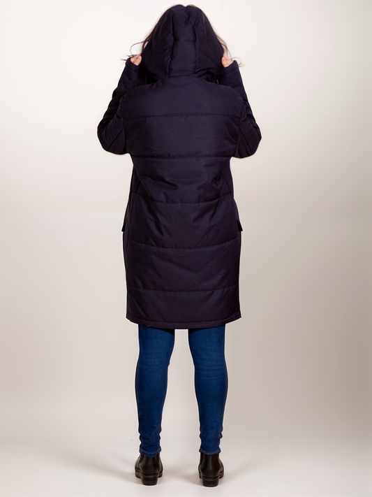 Recycled Quilted Parka in Navy Blue, on model