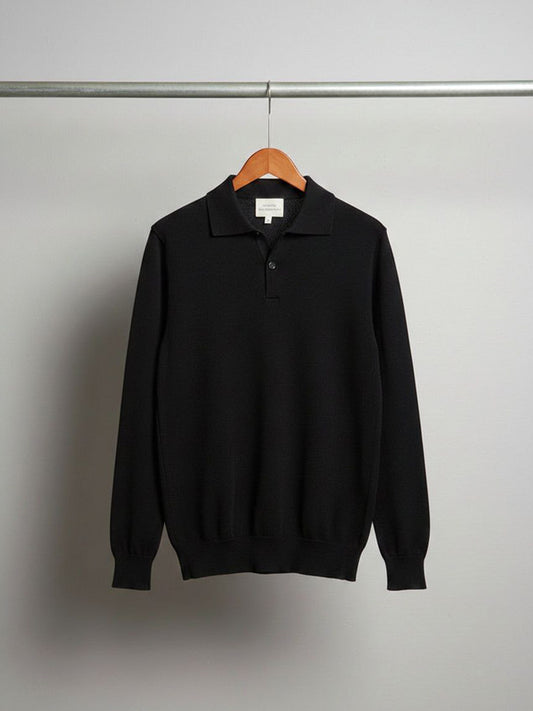 Recycled Long Sleeve Polo in Black Knit