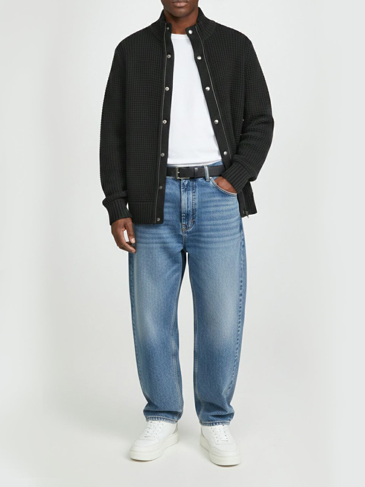 Recycled Waffle Cardigan in Black Knit