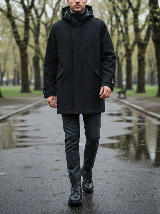 Vegan Wool Hooded Coat in Black