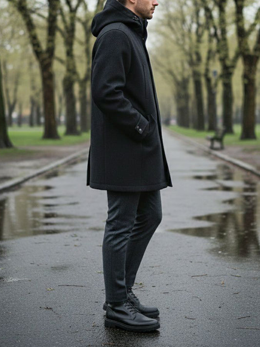 Vegan Wool Hooded Coat in Black