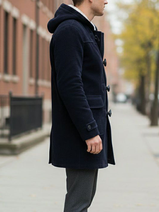 Vegan Wool Duffle Coat with Recycled Vegan Shearling in Black & Cream