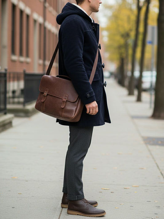 Vegan Wool Duffle Coat with Recycled Vegan Shearling in Black & Cream