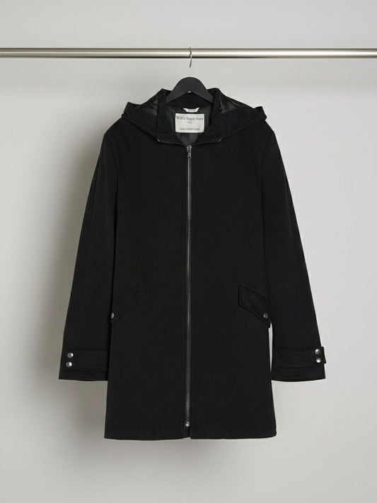 Vegan Wool Hooded Coat in Black