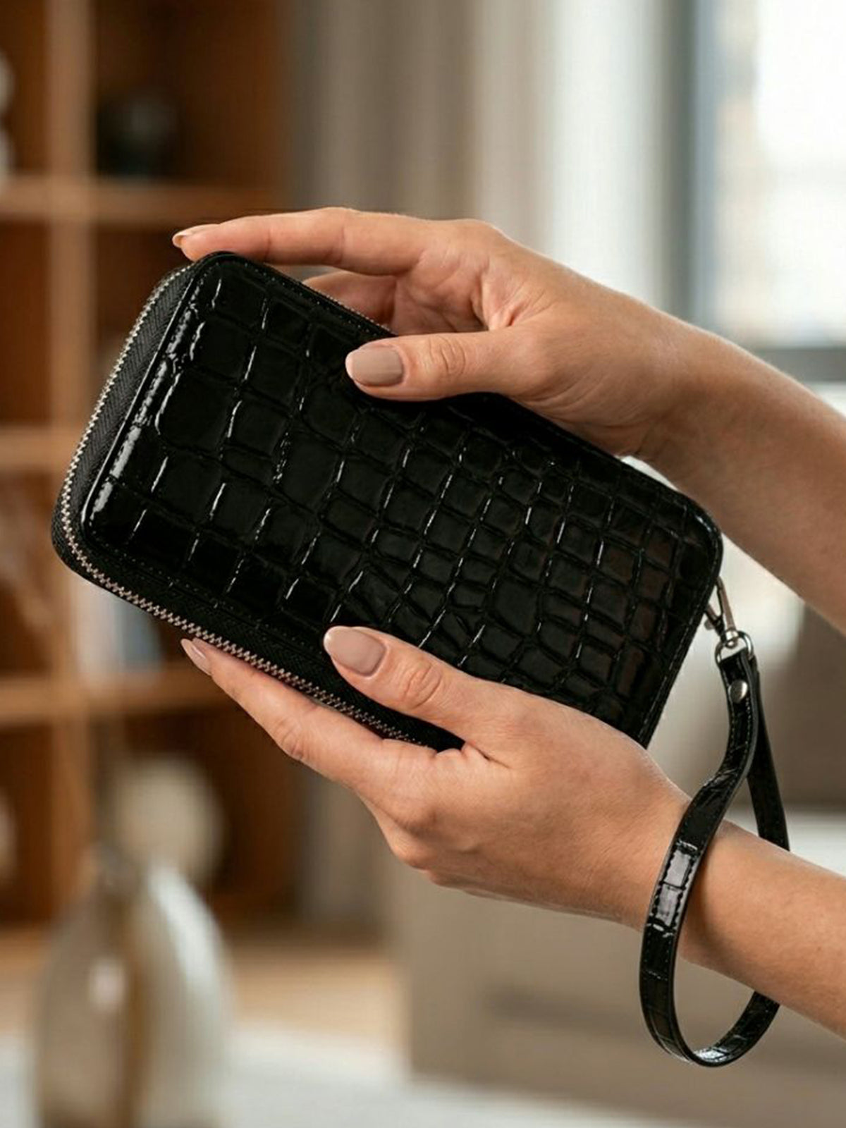 Large Zipper Wallet in Black Patent Mock Croc