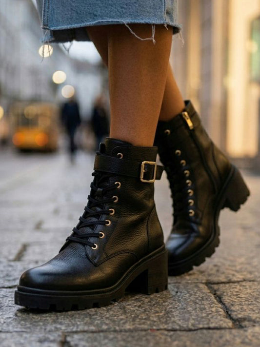 Lace Up Track Sole Booties in Black