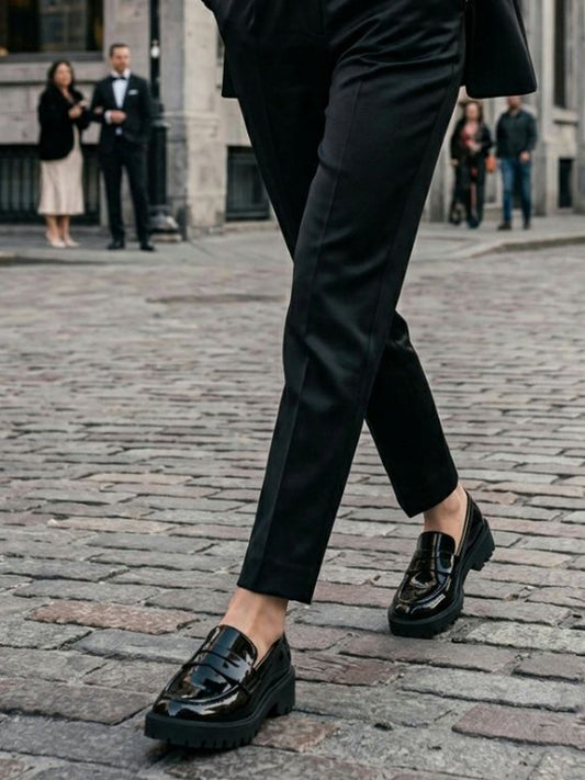 Track Sole Penny Loafers in Patent Black