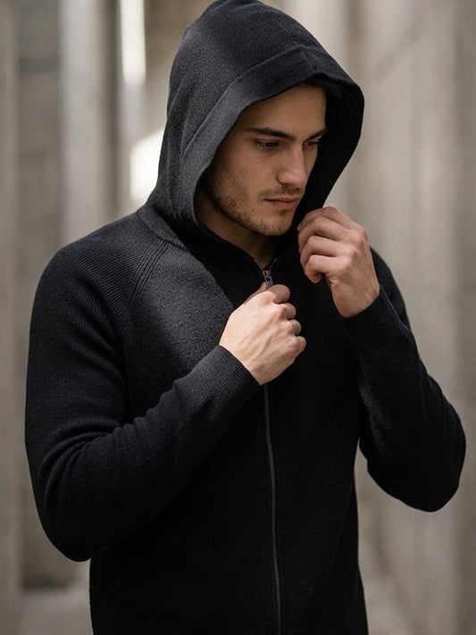 Recycled Zip Up Knit Hoodie in Black Knit