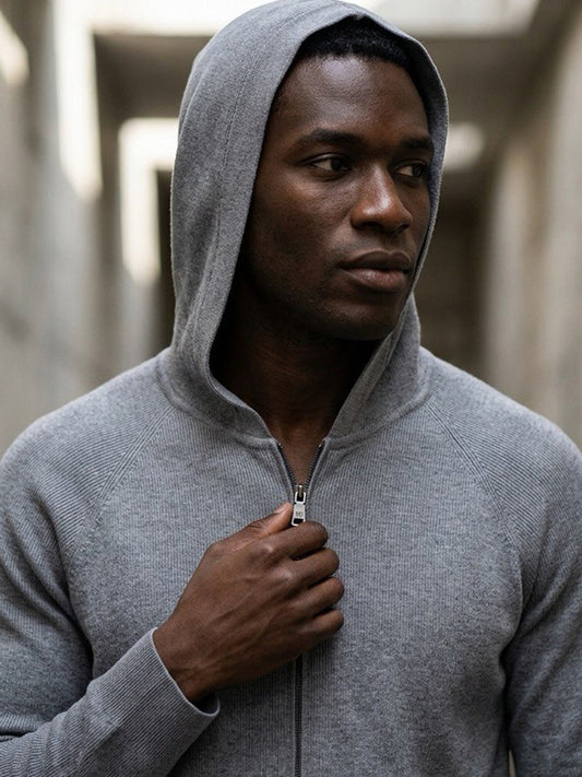 Recycled Zip Up Knit Hoodie in Black Knit