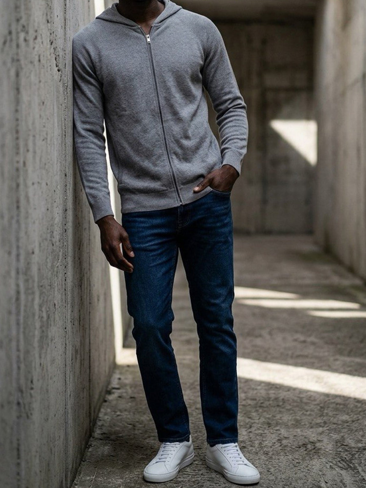 Recycled Zip Up Knit Hoodie in Grey Knit