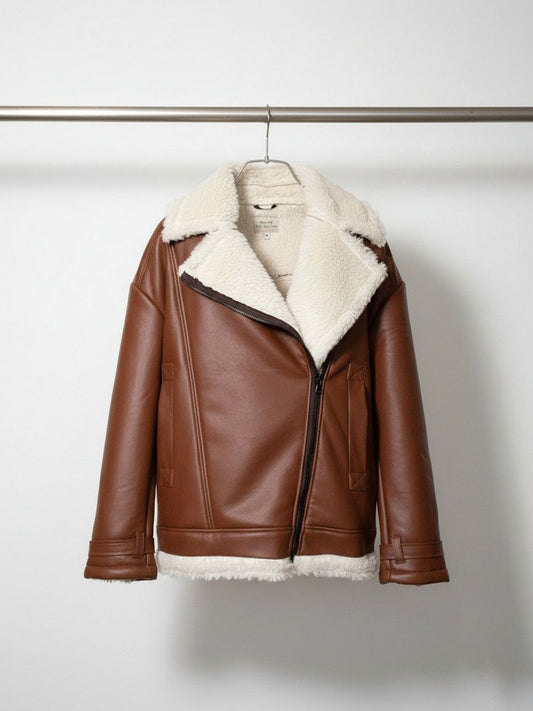 Oversized Recycled Vegan Shearling Aviator Jacket in Black Vegan Leather