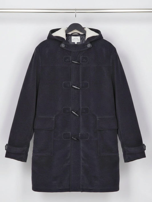 Vegan Wool Duffle Coat with Recycled Vegan Shearling in Black & Cream