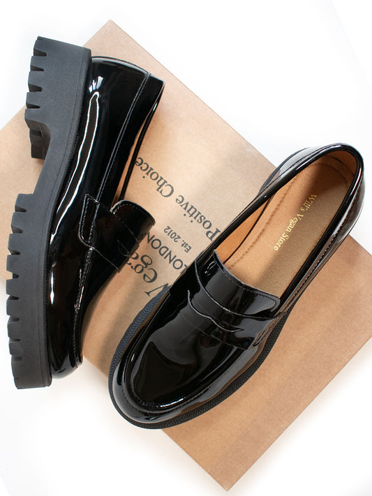 Track Sole Penny Loafers in Patent Black