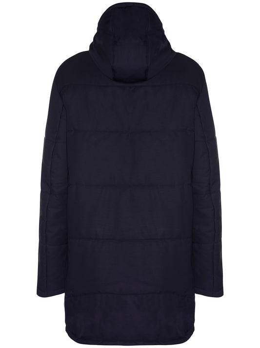 Recycled Quilted Parka in Navy Blue, on model