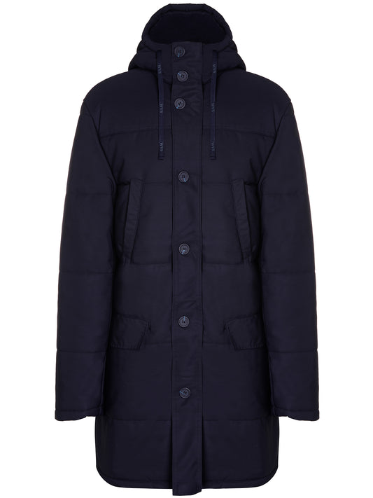 Recycled Quilted Parka in Navy Blue, on model