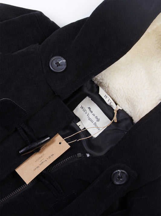Vegan Wool Duffle Coat with Recycled Vegan Shearling in Black & Cream