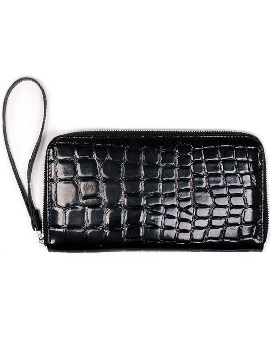 Large Zipper Wallet in Black Patent Mock Croc