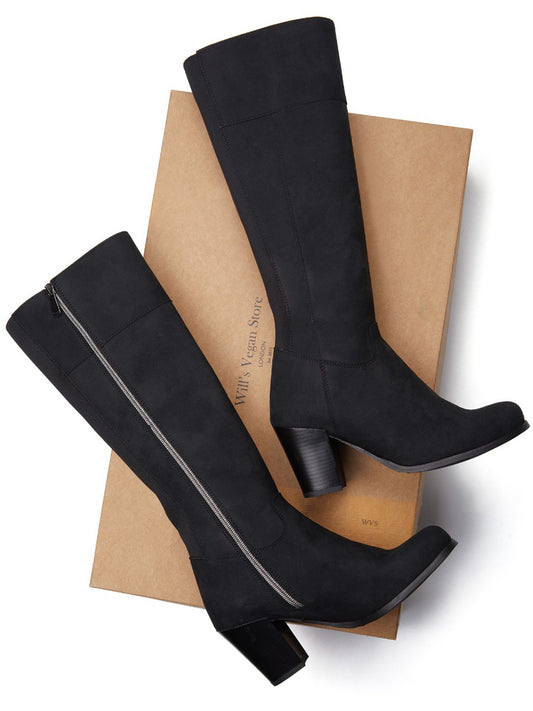 Heeled Knee High Boots in Black Vegan Suede, heel detail