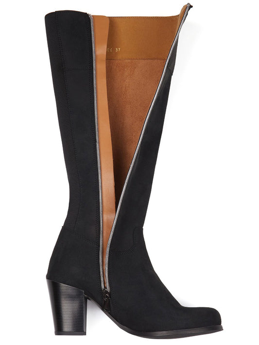 Heeled Knee High Boots in Black Vegan Suede, heel detail