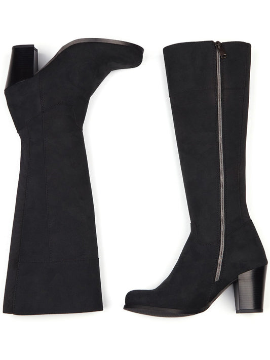 Heeled Knee High Boots in Black Vegan Suede, heel detail