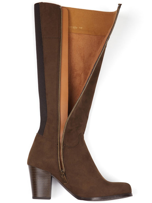 Heeled Knee High Boots in Black Vegan Suede, heel detail