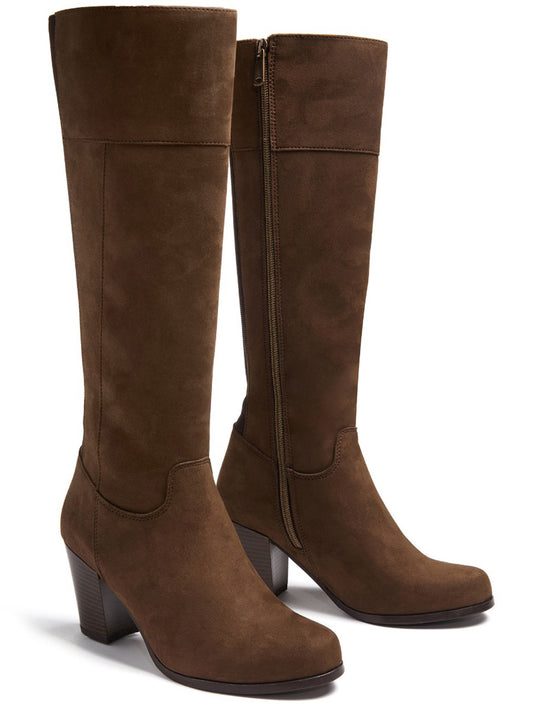 Heeled Knee High Boots in Black Vegan Suede, heel detail