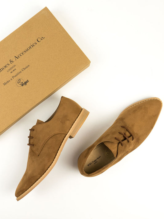 Point Toe Derbys in Brown Vegan Suede, toe detail