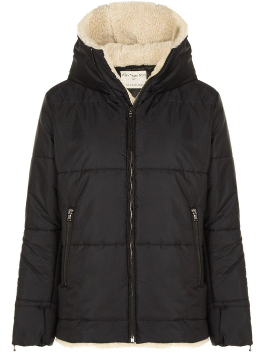 Recycled Vegan Shearling Puffer in Black & Cream